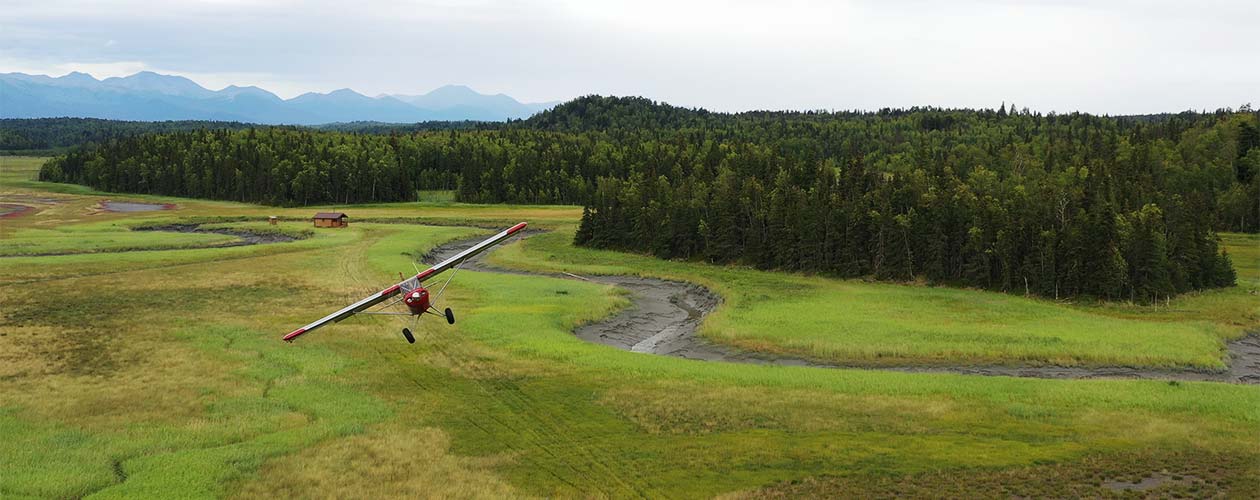 Tailwheel aircraft departing from grass airstrip