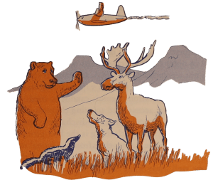 woodland animals waving at an airplane flying over